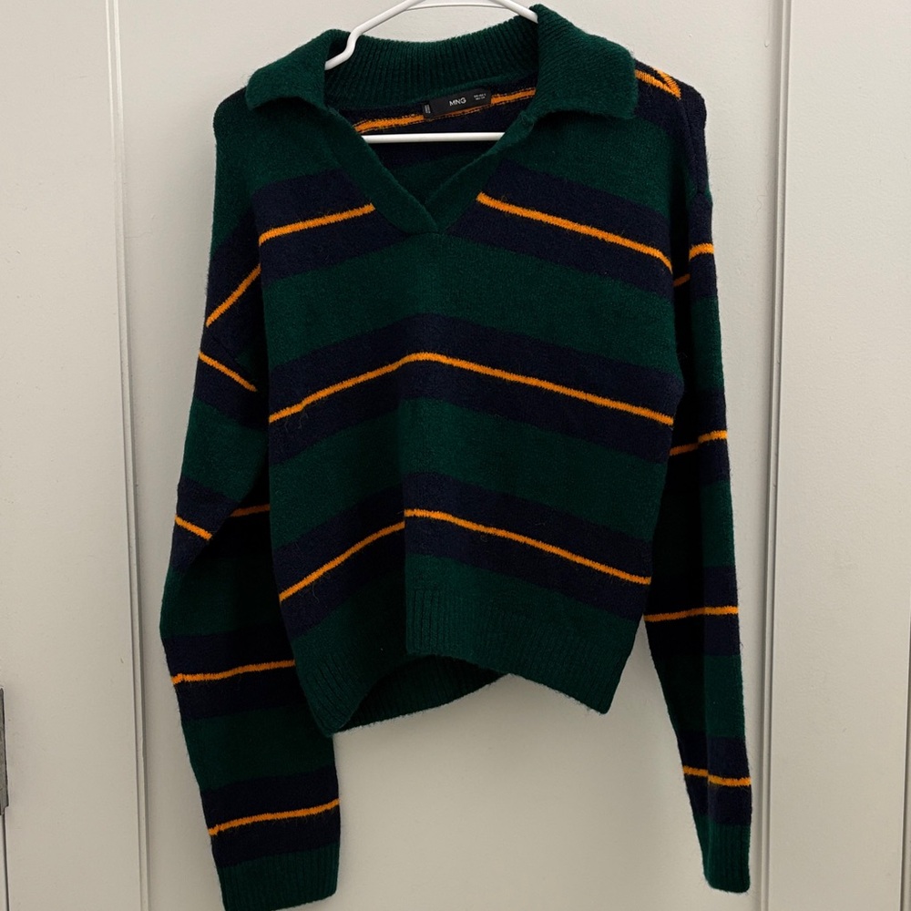 Mango Dark Green and Navy Striped V-Neck Sweater